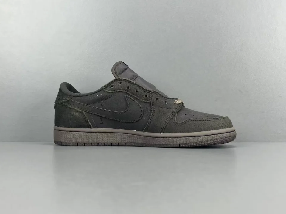 Nike Air Jordan 1 Low Travis Scott olive green brown suede sneakers with reverse Swoosh details