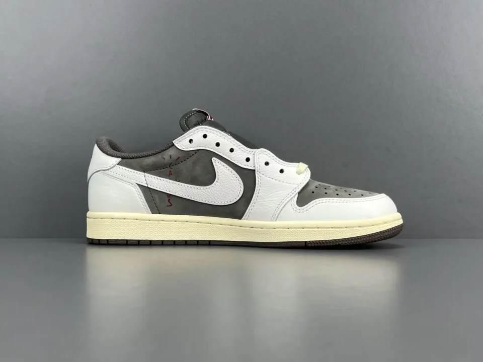 Nike Air Jordan 1 Low Travis Scott white grey black leather sneakers with reverse Swoosh design