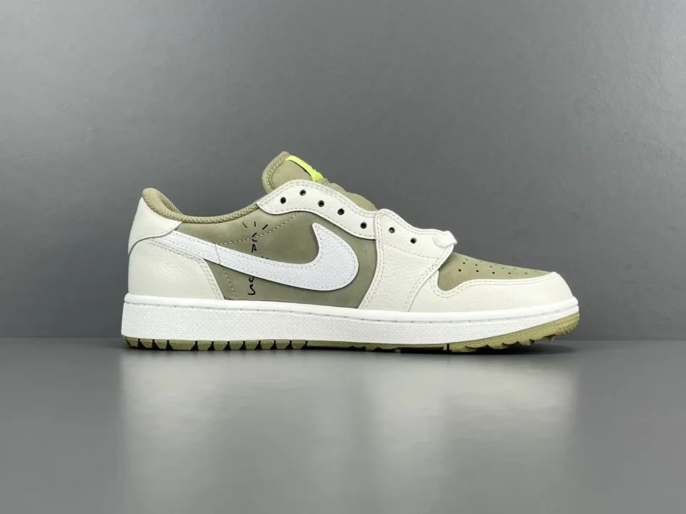 Nike Air Jordan 1 Low OG Travis Scott beige white leather sneakers with reversed swoosh design
