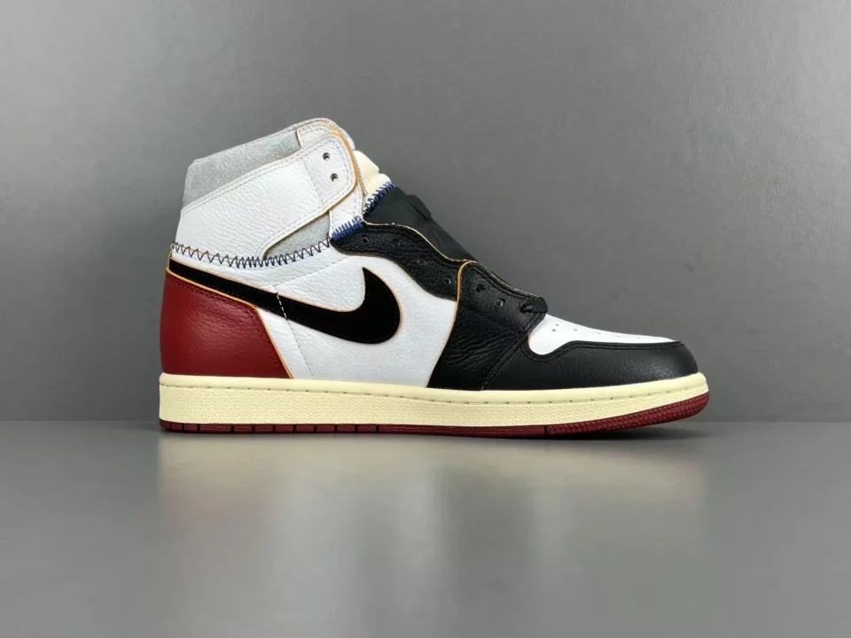 Nike Air Jordan 1 High OG Fragment Union black white red leather sneakers with gray suede collar