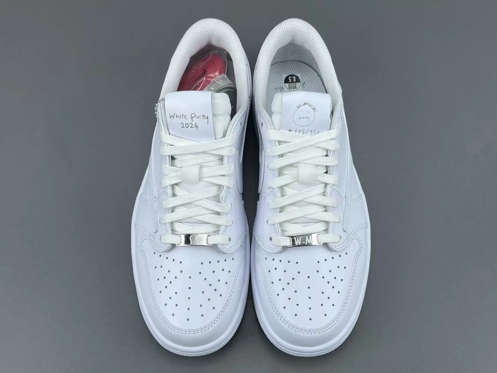 Nike Air Force 1 Low White Party 2024 white leather sneakers with silver lace locks and embroidered tongue tags