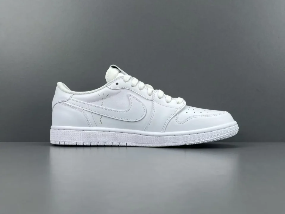 Nike Air Jordan 1 Low white colorway full leather sneakers with subtle black text detail on side panel