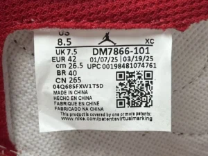 Label tag of Travis Scott x Air Jordan 1 Low shoes, displaying size information, product code, and manufacturing details.