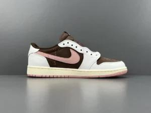 Nike Air Jordan 1 Low OG Mocha pink white brown leather sneakers with stitched logo and cream sole