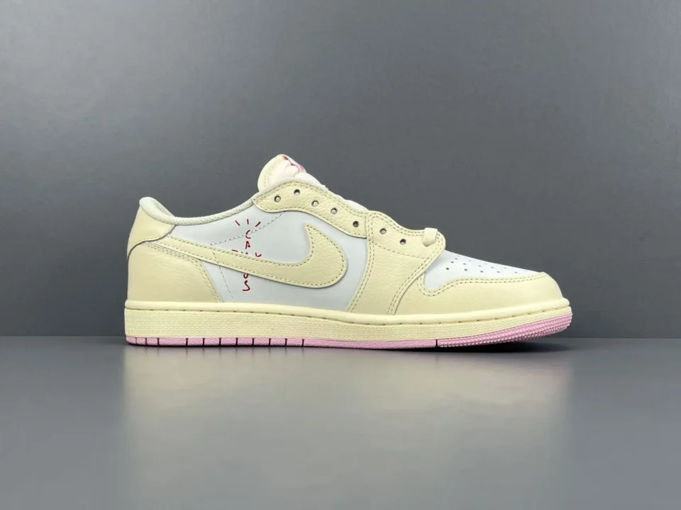 Nike Air Jordan 1 Low OG Light Bone white pale yellow leather sneakers with pink outsole