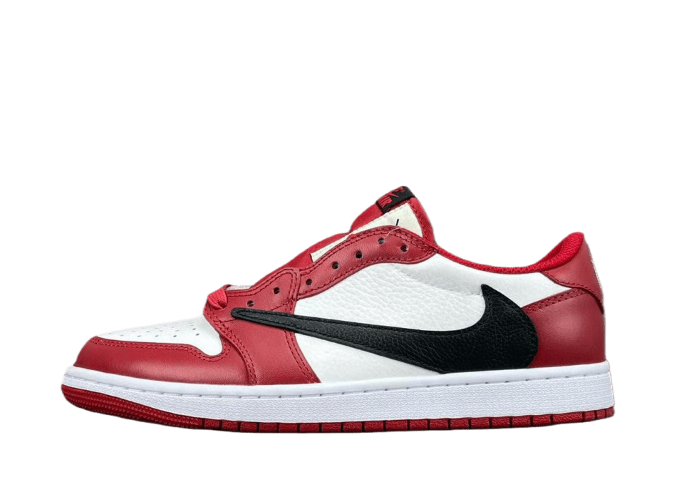 Travis Scott x Air Jordan 1 Low in red, white, and black colorway, showcasing sleek sneaker design, featured in RepsGoat's sneaker collection.