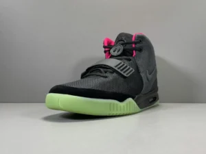 Nike Air Yeezy 2 Black Solar Red Glow in the Dark mesh suede sneakers with embossed textured details