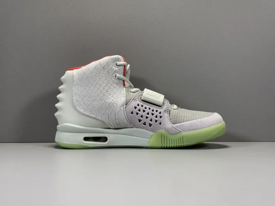 Nike Air Yeezy 2 Pure Platinum light gray green glow leather mesh sneakers