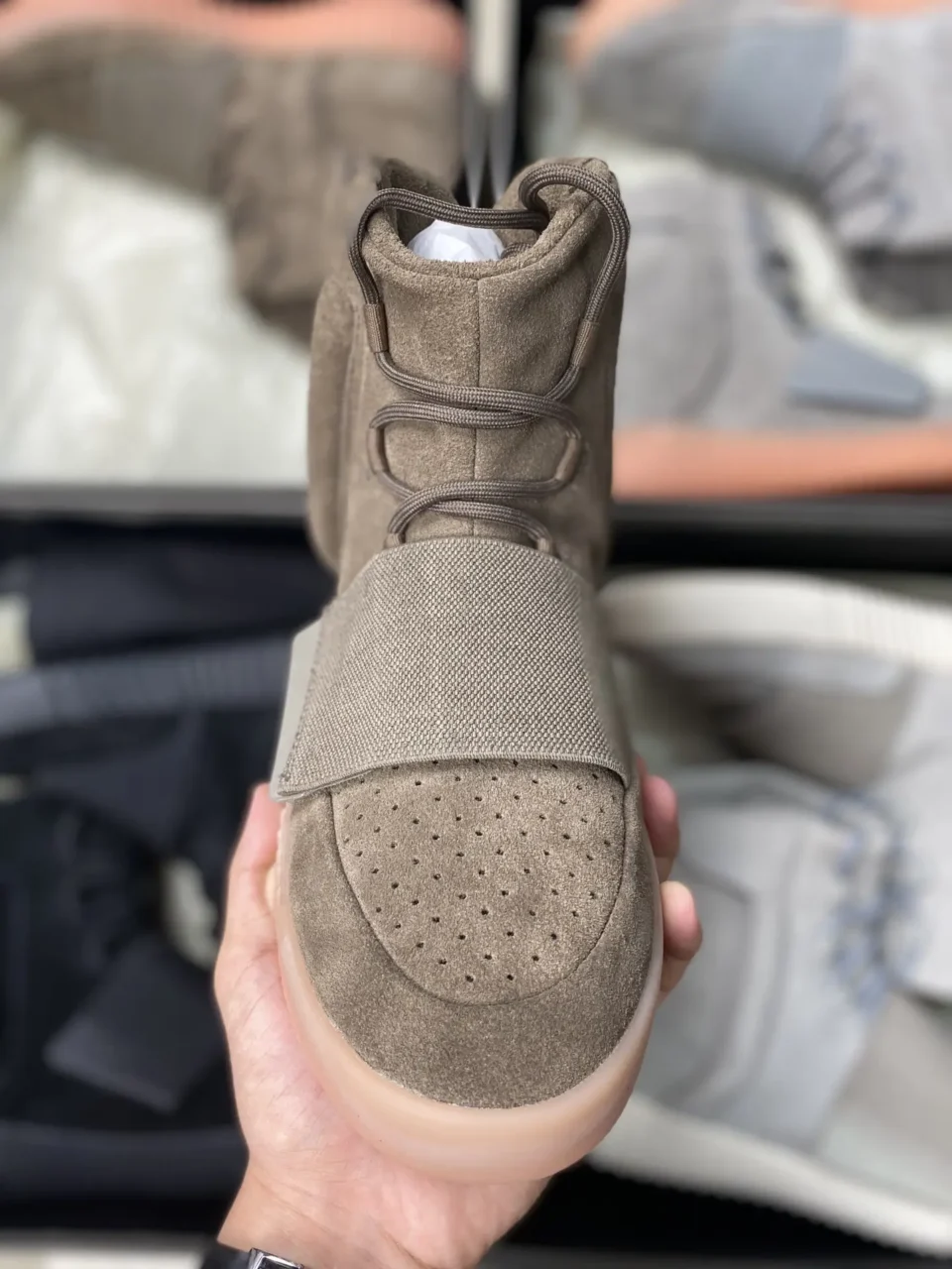 Adidas Yeezy Boost 750 Taupe brown suede sneakers with midfoot strap gum sole