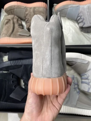 Adidas Yeezy 500 High Mist Slate gray suede sneakers with gum rubber sole and textured detailing