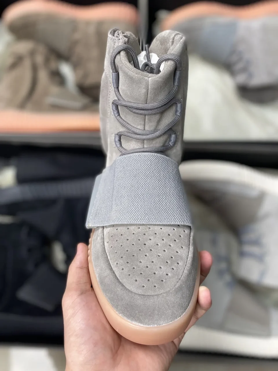 Adidas Yeezy 750 Boost grey suede sneakers gum rubber sole and strap design