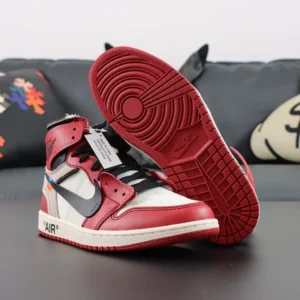 Nike Air Jordan 1 Retro High Off-White Chicago red white black leather sneakers with signature detailing