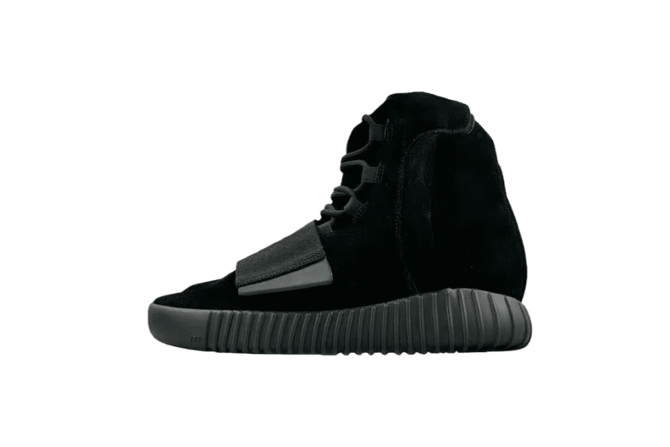 Yeezy Boost 750 Core Black suede sneakers with midfoot strap and ribbed rubber sole
