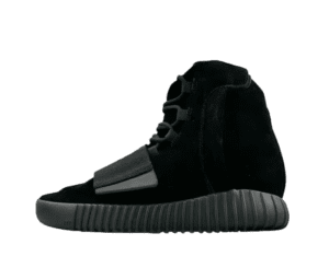 Yeezy Boost 750 Core Black suede sneakers with midfoot strap and ribbed rubber sole