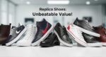 Replica sneakers showcasing variety and affordability with text overlay "Replica Shoes: Unbeatable Value" in a retail setting.