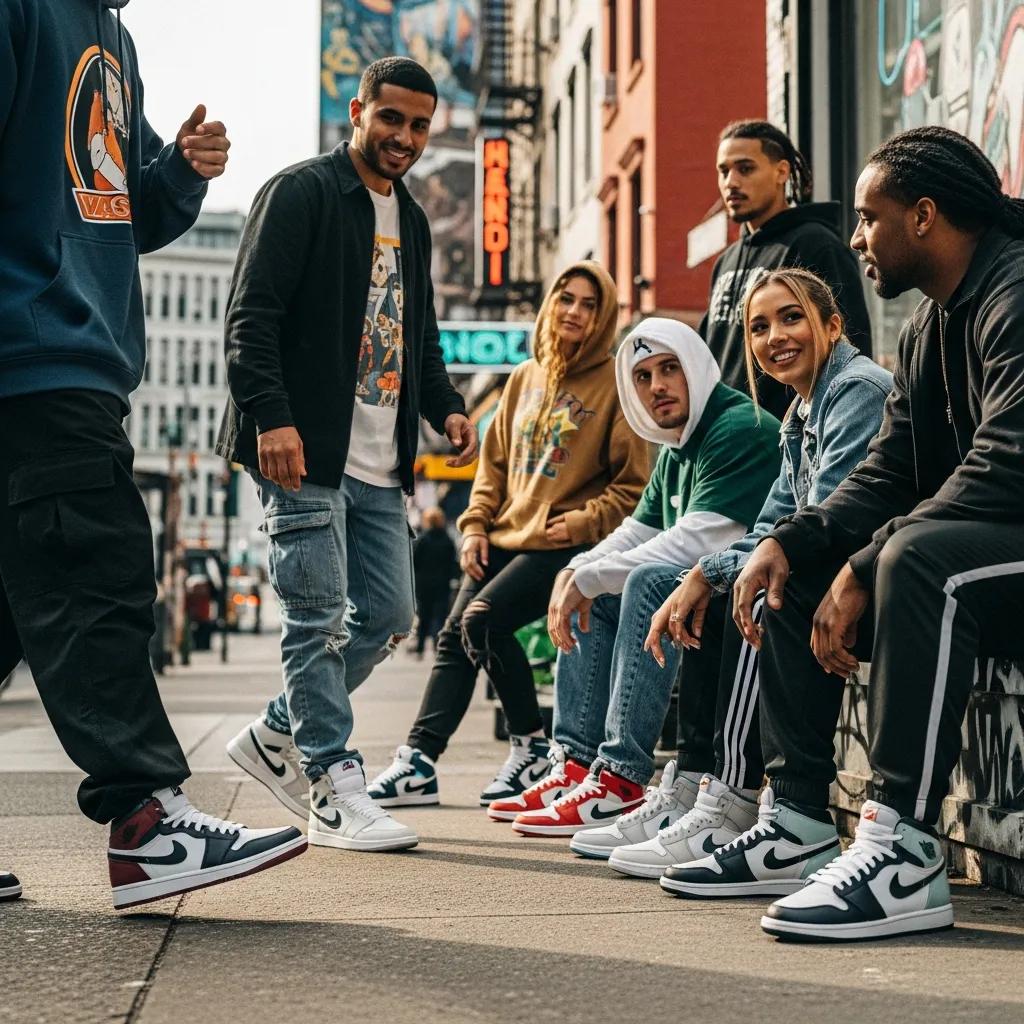 Diverse group of individuals showcasing stylish replica sneakers in an urban setting, emphasizing sneaker culture and fashion trends.