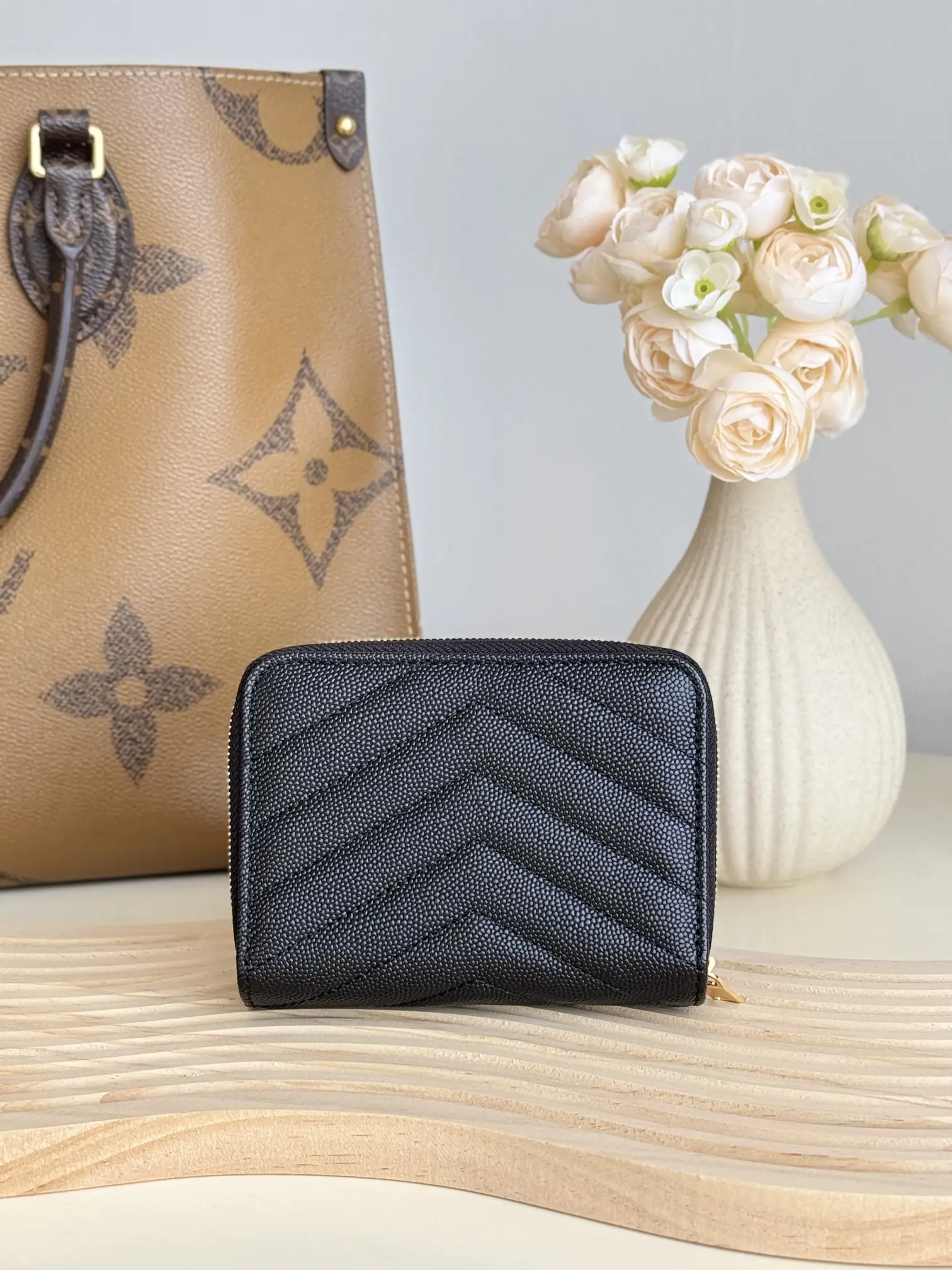 Saint Laurent Zip Around Wallet Black chevron quilted leather with gold-tone hardware