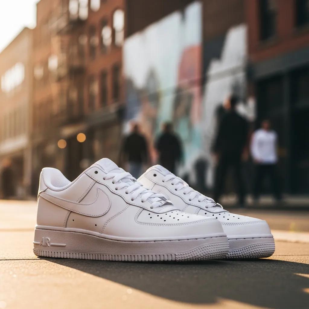Nike Air Force 1 sneakers on a city street, highlighting their cultural significance and stylish design