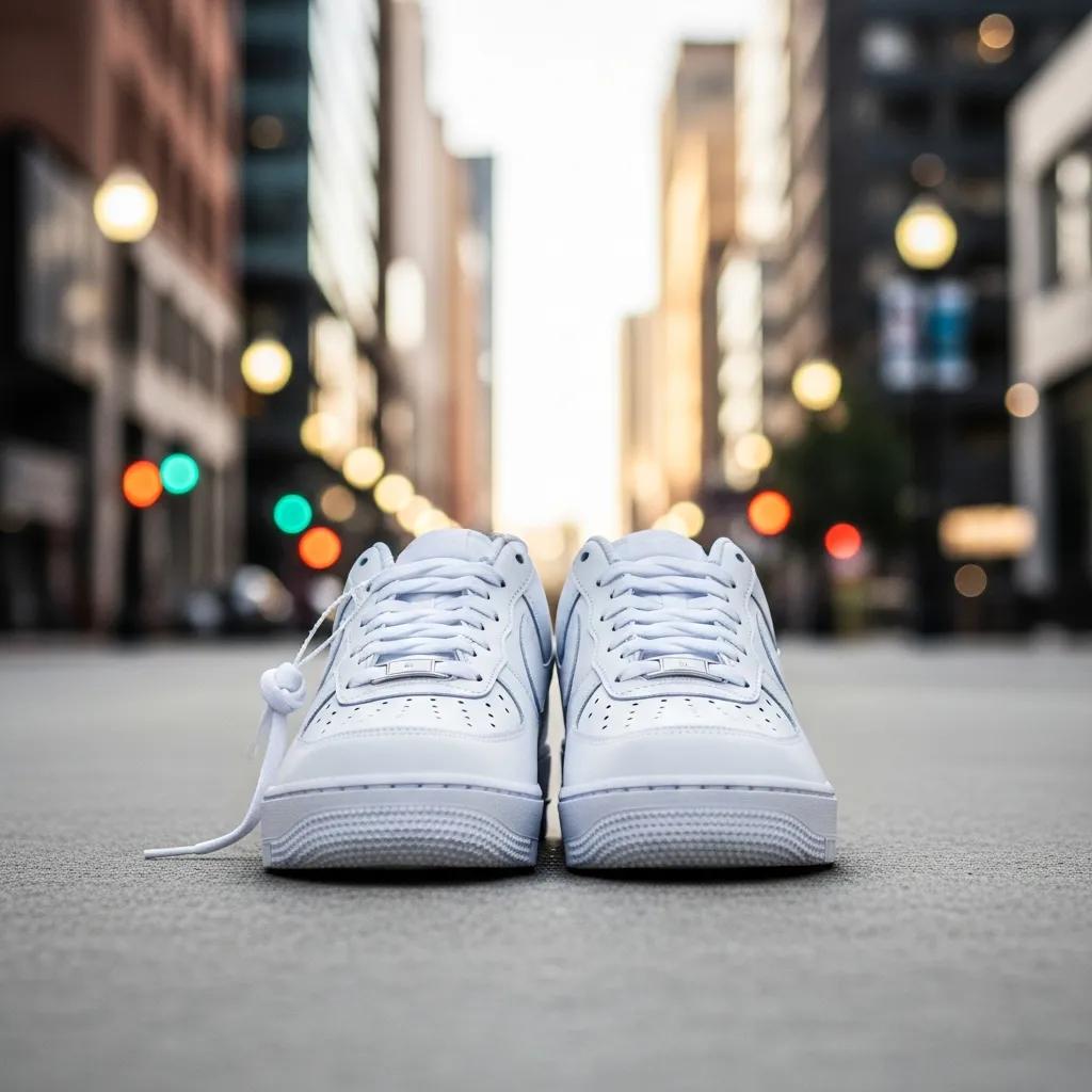 White Nike Air Force 1 sneakers on an urban street, highlighting their stylish design and cultural significance