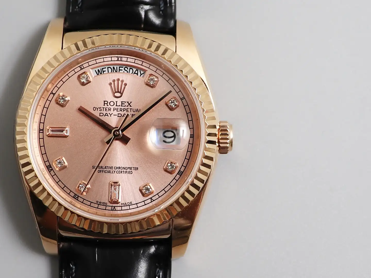 Rolex Day-Date 36 Everose Gold Diamond Pink Dial Black Leather Watch