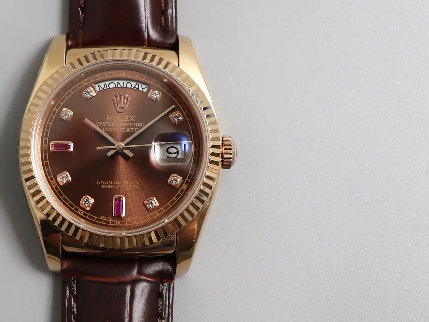 Rolex  Day-Date Chocolate Brown Diamond and Ruby Dial Leather Automatic