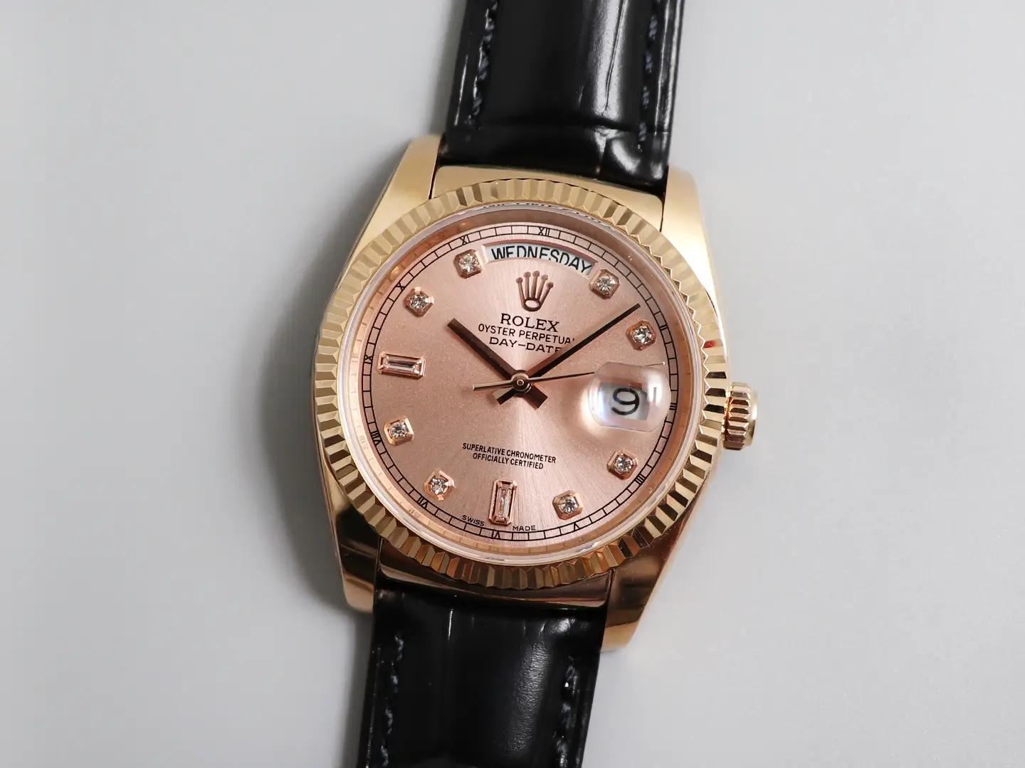 Rolex Day-Date 36 Everose Gold Diamond Pink Dial Black Leather Watch