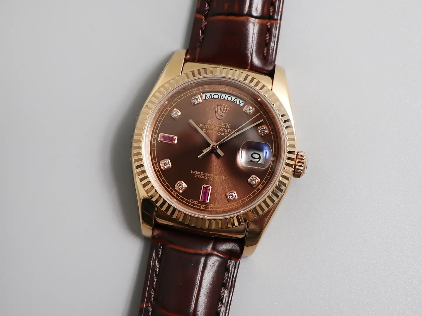 Rolex  Day-Date Chocolate Brown Diamond and Ruby Dial Leather Automatic