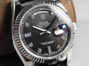 Fake Rolex Day-Date Black Diamond White Gold Premium Leather Strap 36MM