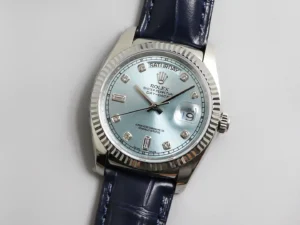 Fake Rolex Day-Date Ice Blue Diamond Premium Leather Strap 36MM