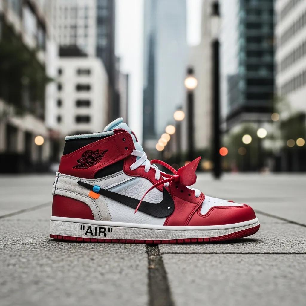 Authentic Jordan 1 Off White sneakers displayed in an urban setting