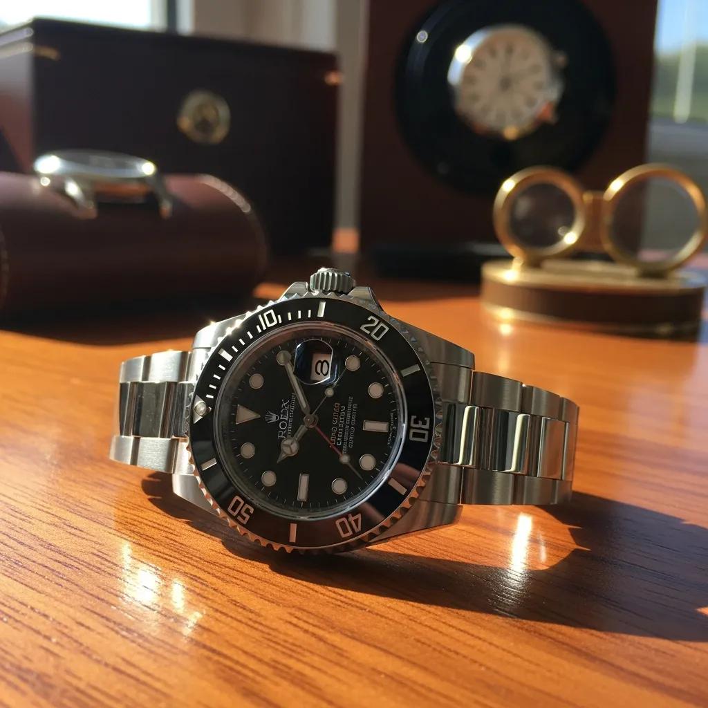 Authentic Rolex watch on a wooden surface, showcasing luxury and craftsmanship