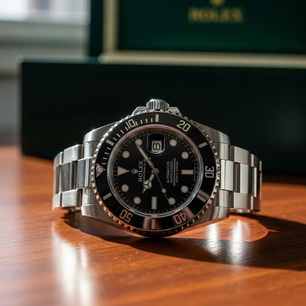 Authentic Rolex watch on a wooden table, showcasing craftsmanship and luxury