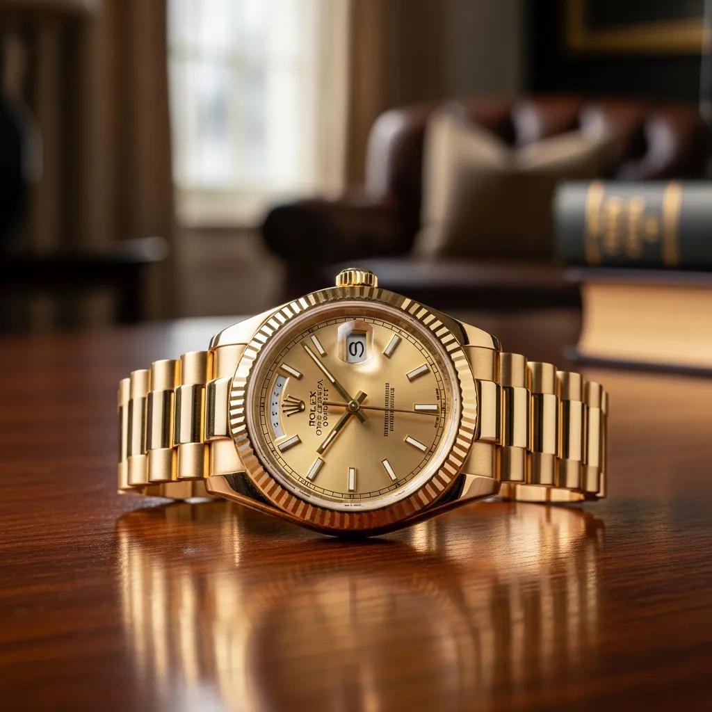 Authentic Rolex watch on a wooden table, showcasing luxury craftsmanship