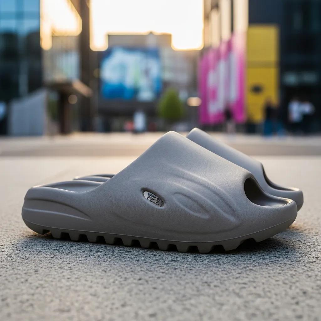Authentic Yeezy slides displayed in a stylish urban setting, highlighting their premium design and quality