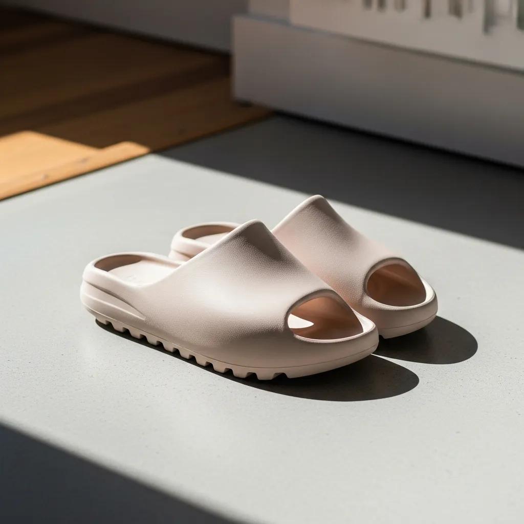 Authentic Yeezy slides on a modern surface, showcasing their unique design and quality