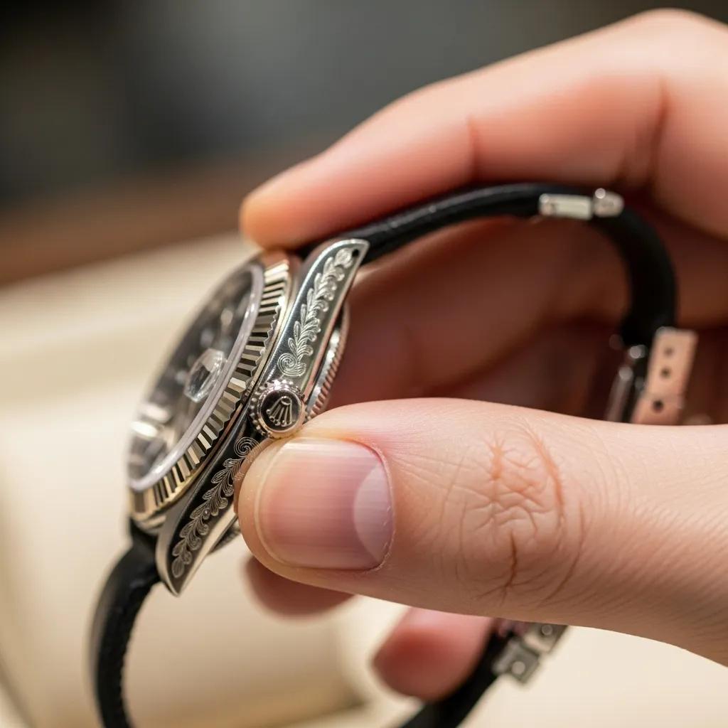Buyer inspecting a replica Rolex watch, focusing on details for authenticity and quality