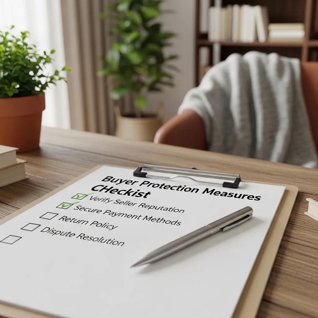 Checklist of buyer protection measures for online shopping in a cozy home office setting