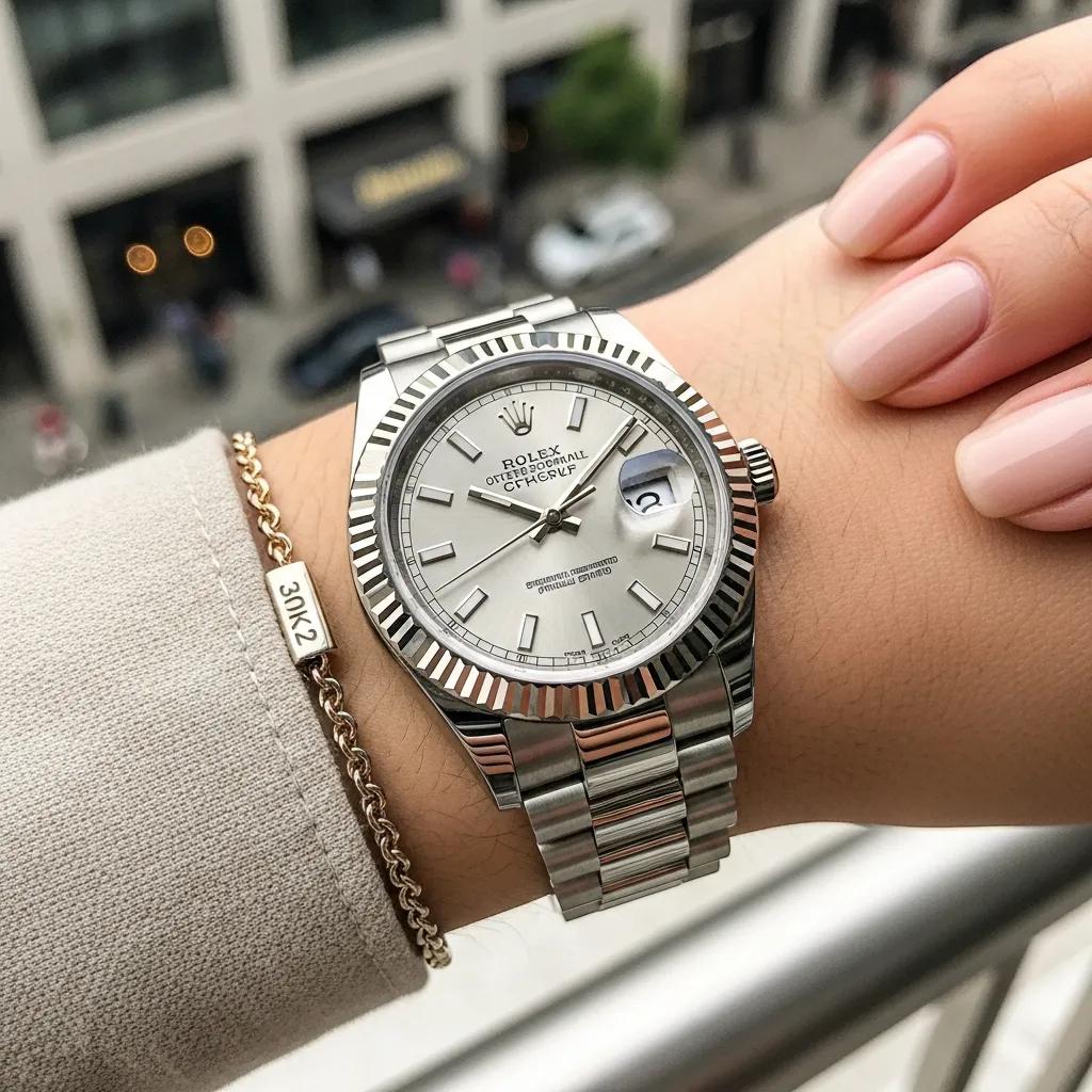 Chinese Rolex replica watch displayed on a wrist in an urban setting, emphasizing luxury and craftsmanship