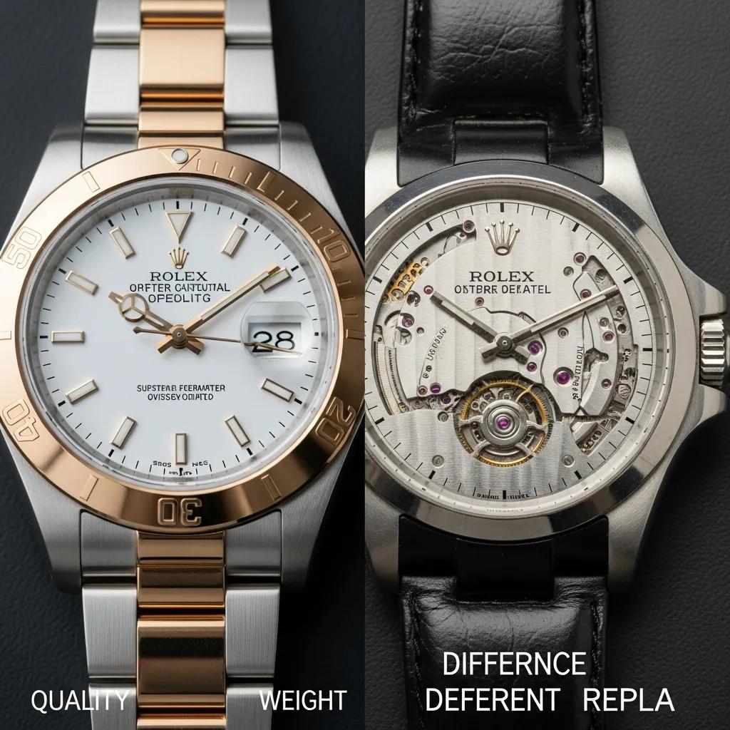 Close-up comparison of a genuine Rolex and a replica, highlighting differences in quality and features