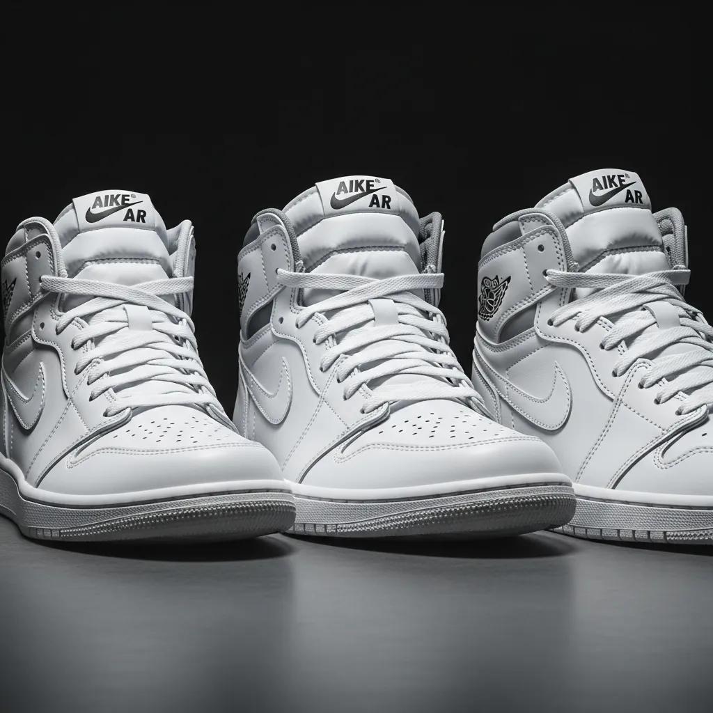 Close-up comparison of three quality levels of Jordan 1 Off White UNC replicas, showcasing craftsmanship differences