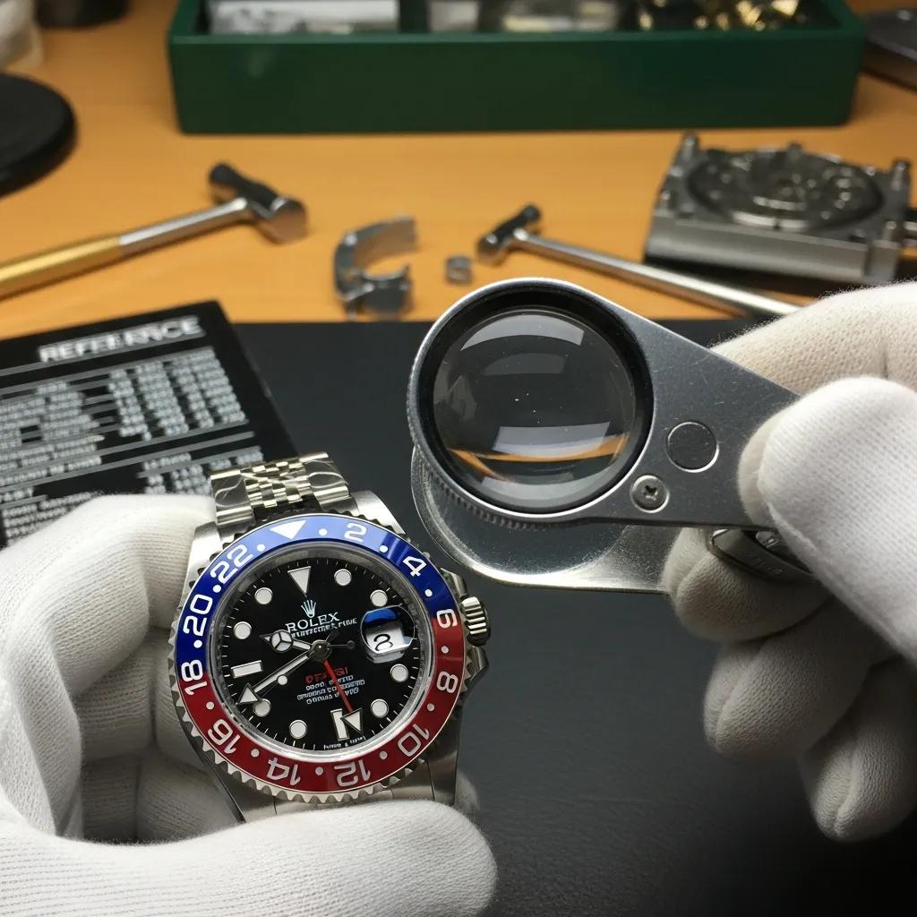 Close-up inspection of Rolex GMT Master watch with jeweler's loupe highlighting authenticity markers
