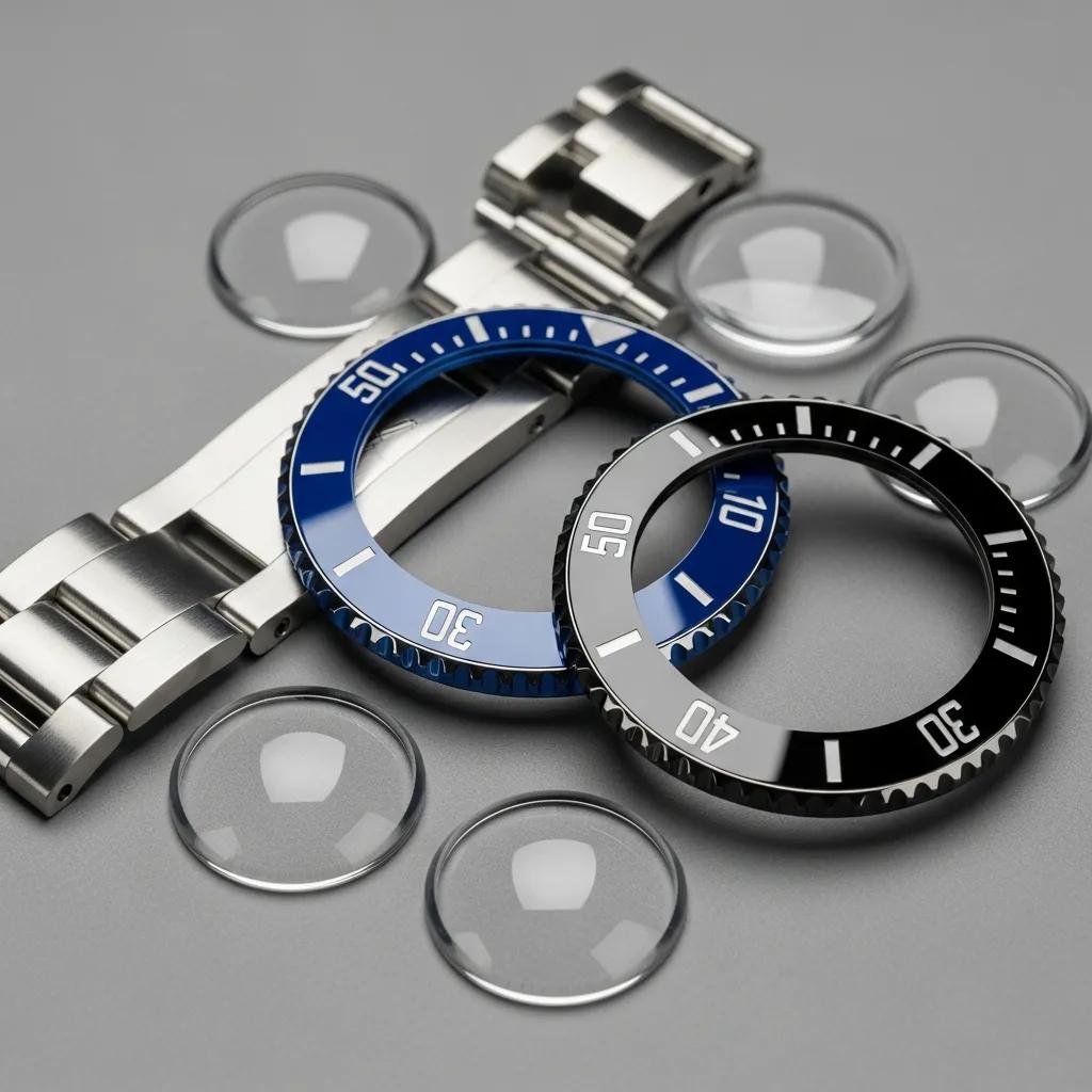 Close-up of 904L stainless steel, ceramic bezels, and sapphire crystals used in Rolex Submariner replicas