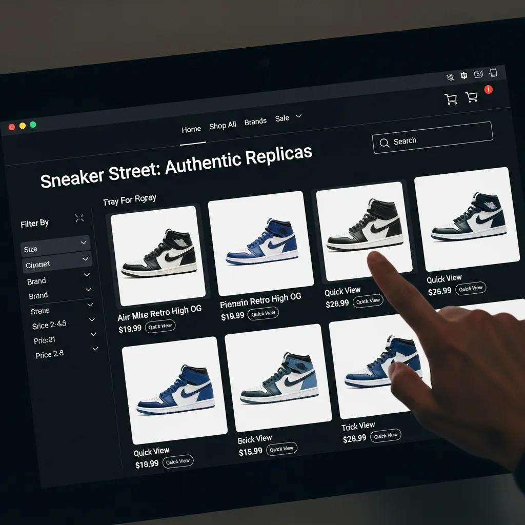 Close-up of a computer screen displaying a user-friendly online store for replica sneakers with various options
