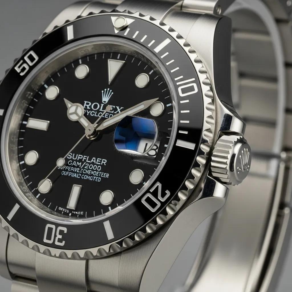 Close-up of a counterfeit Rolex Submariner showing misaligned features