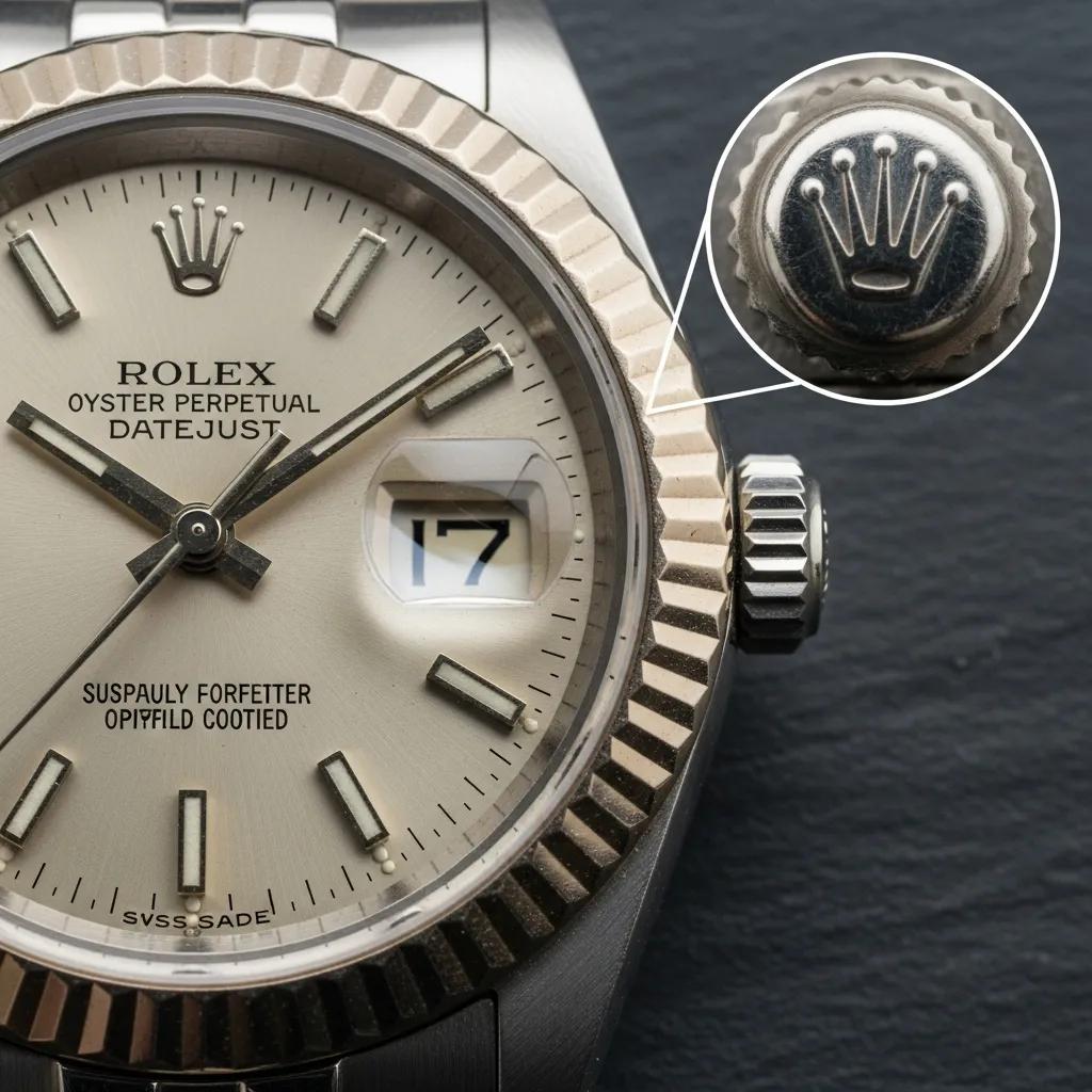 Close-up of a counterfeit Rolex watch showing misalignment and poor craftsmanship