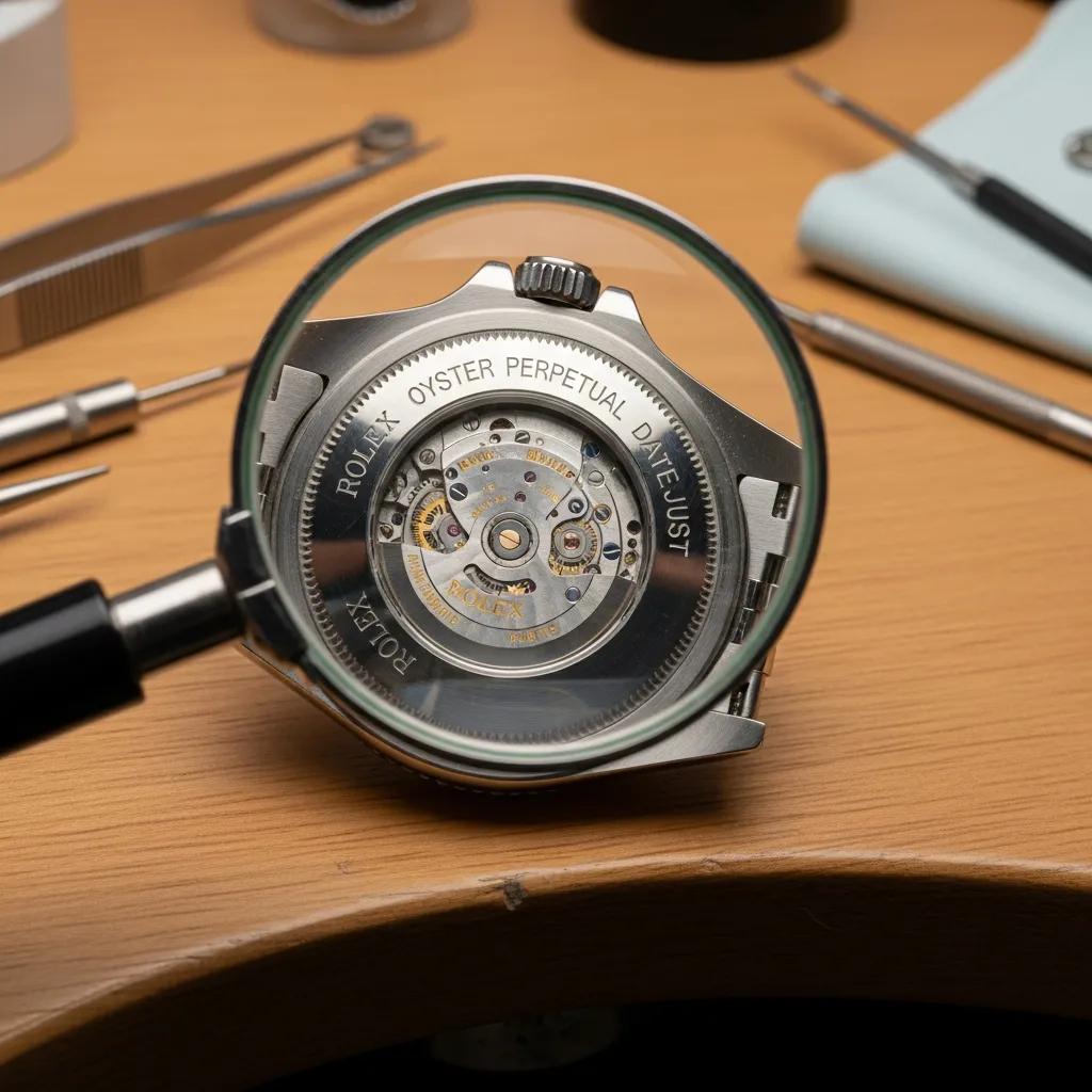 Close-up of a fake Rolex watch being examined under a magnifying glass