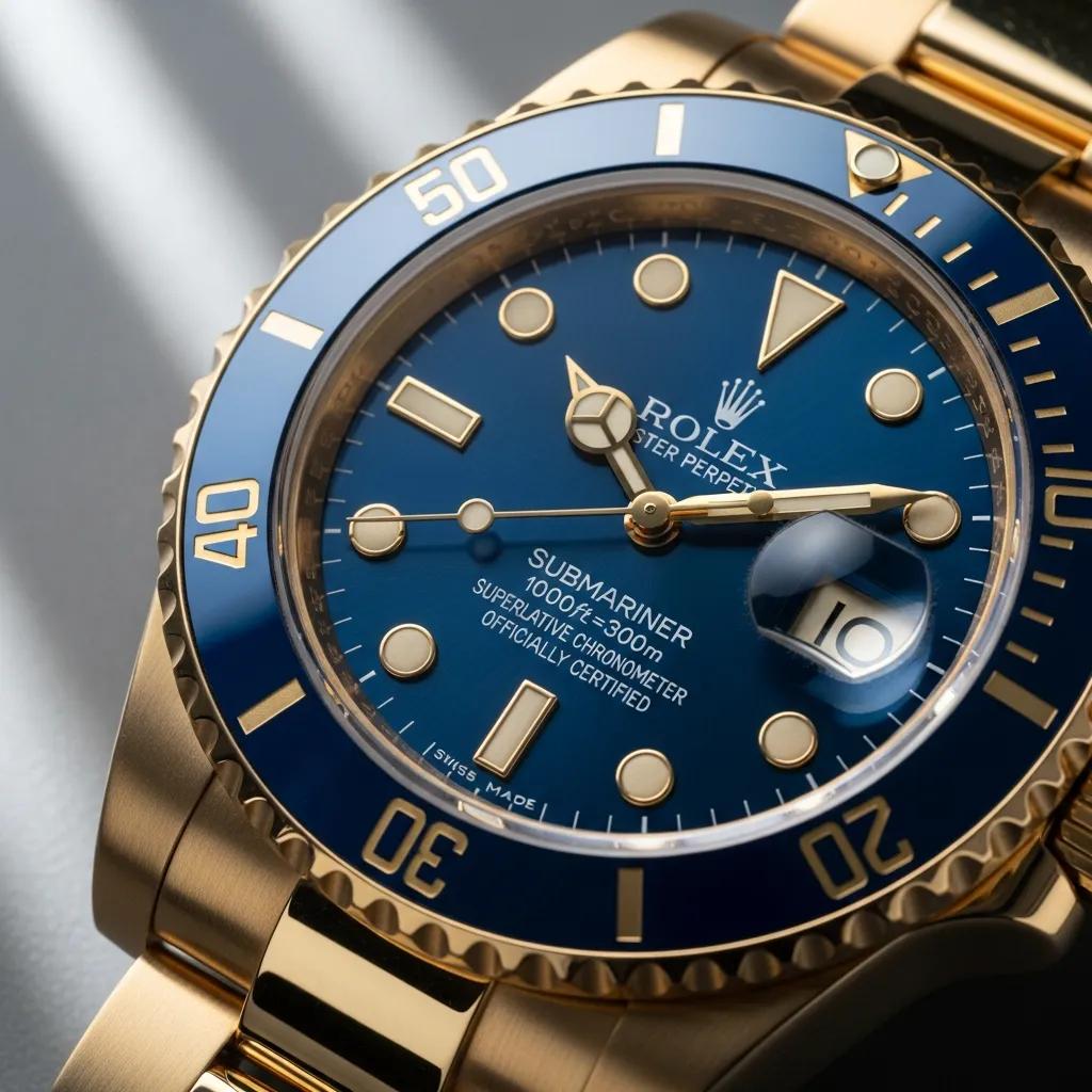 Close-up of a genuine Rolex Submariner gold watch dial, showcasing authenticity indicators and craftsmanship