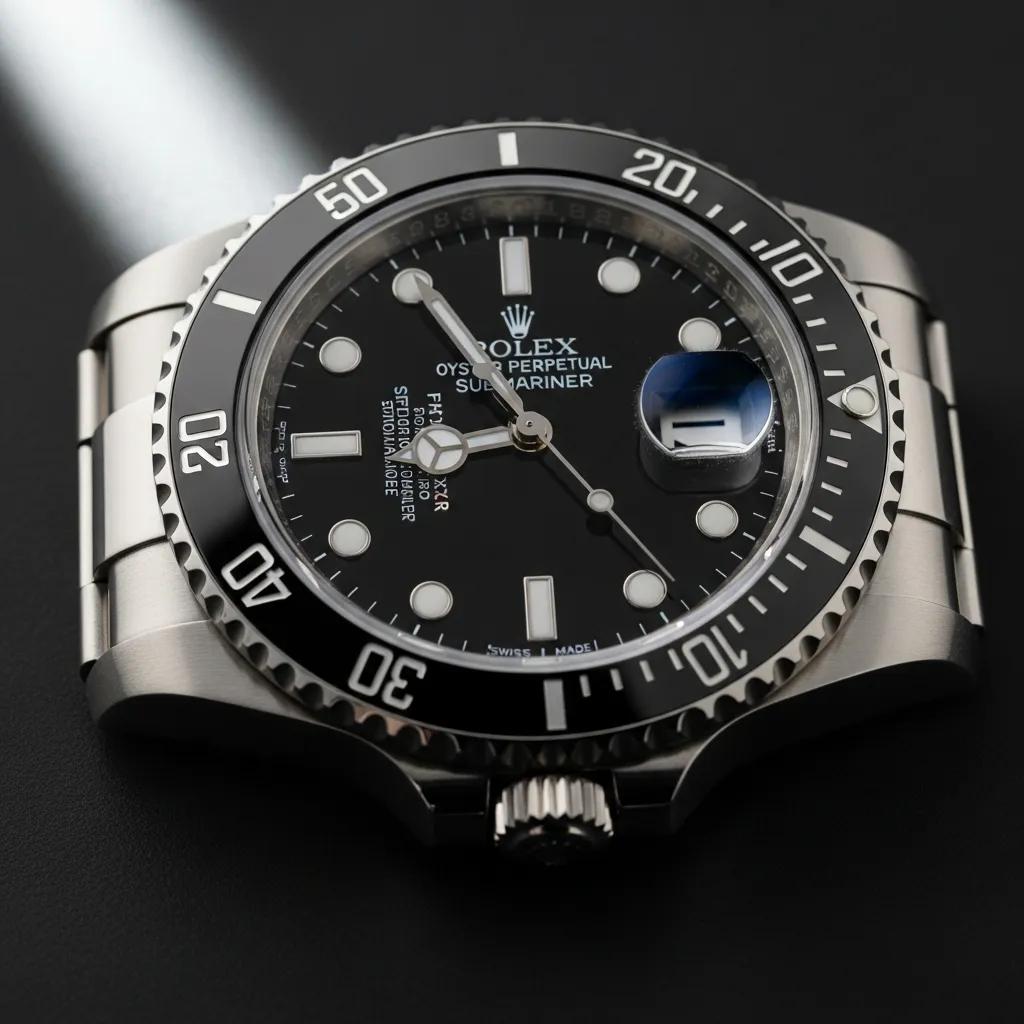 Close-up of a genuine Rolex watch highlighting bezel alignment and dial details