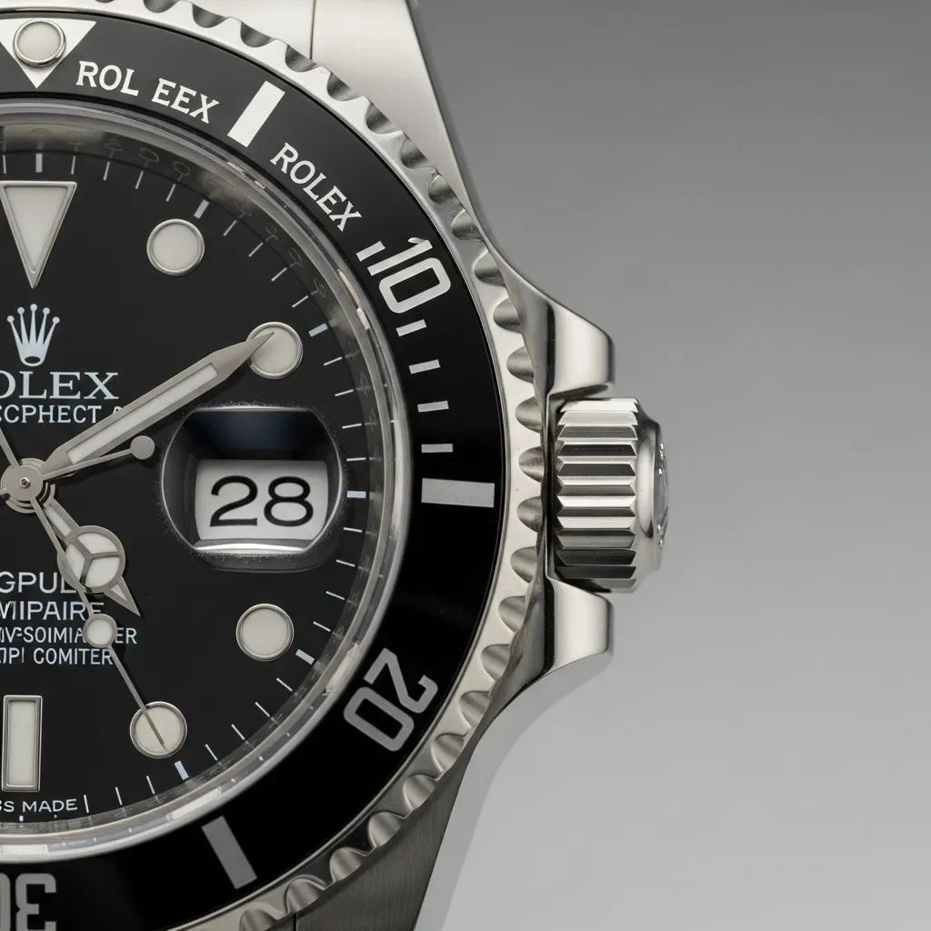 Close-up of a genuine Rolex watch highlighting dial, crown logo, and engravings