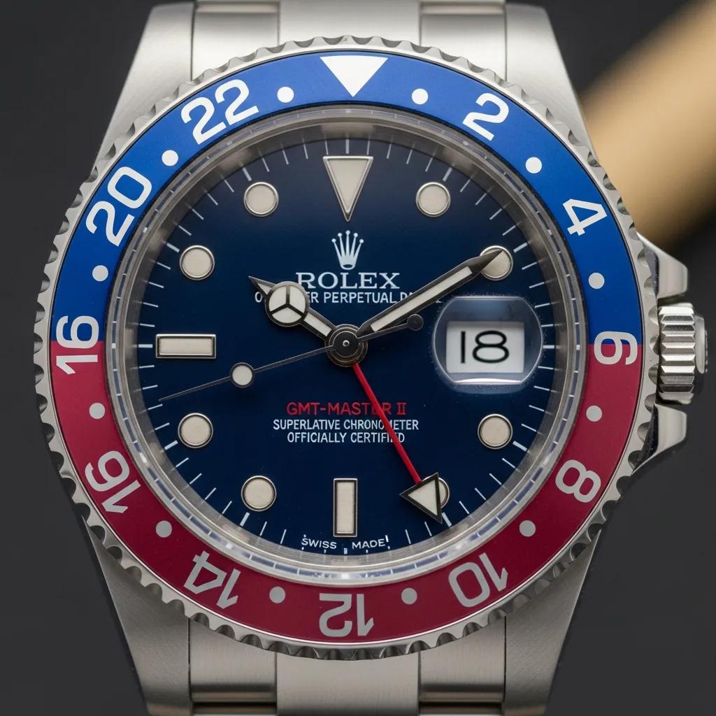 Close-up of a high-quality fake Rolex GMT Master II replica showcasing intricate details